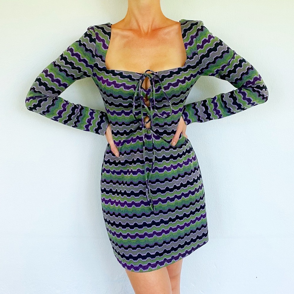 ZARA purple green retro stripe lace up long sleeve knit mini dress size medium